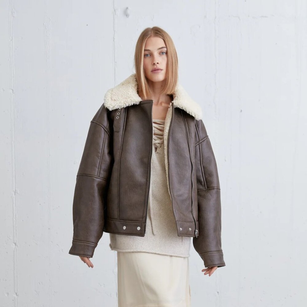 OAK + FORT Brown Bomber Jacket with Cream Shearling Collar